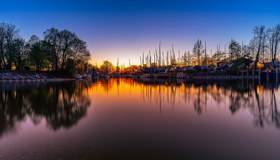 reflection landscape photography, houses, body, water, reflection, waters, sunset, lake, nature, dusk, blue hour