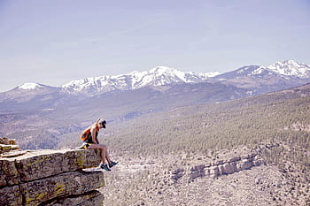 woman, sitting, mountain, travel adventure, snow, view, landscape, travel, trip, backpack, hat