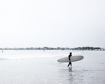 muž, nesoucí, dlouho, surf, chůze, voda, moře, oceán, vln, Příroda, lidé