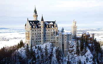 gray, monastery, snowy, mountain, top, cloudy, sky, daytime, neuschwanstein, castle, bavaria