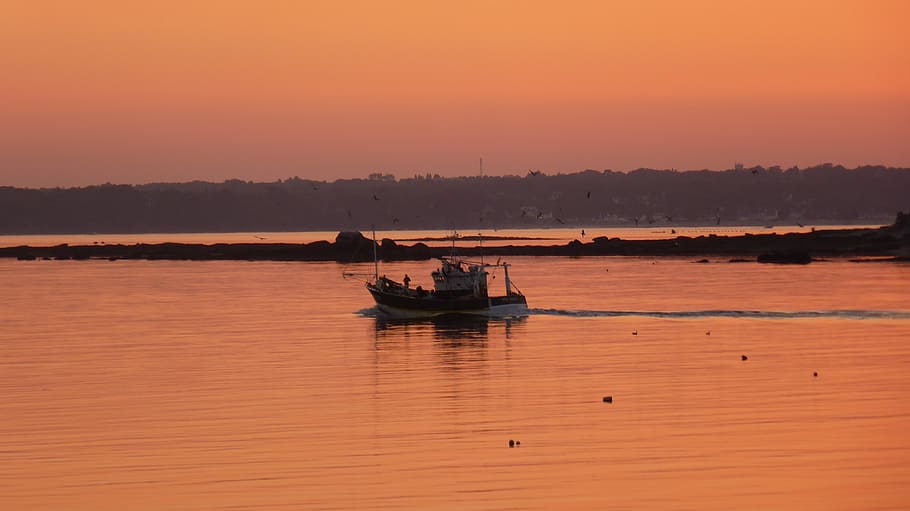sunset, sea, brittany, france, concarneau, fishing boat, nature, orange, view, water, horizon