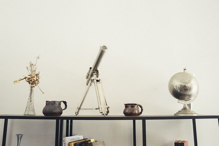 gray, metal telescope decor, well, lit, room, telescope, furniture, house, interior design, deco, globe