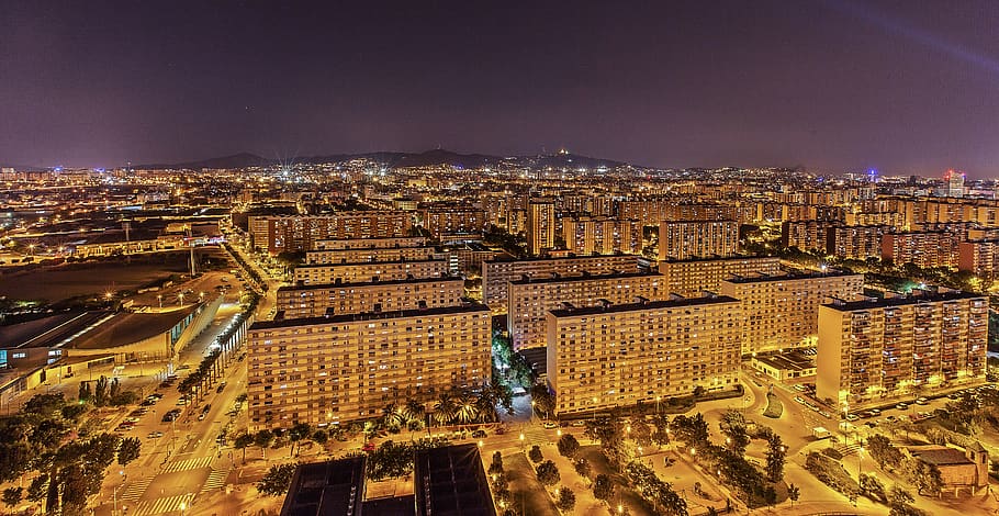 city, traffic, road, travel, urban landscape, barcelona, spain, pueblo espagnol, hesperia tower, night, long exposure