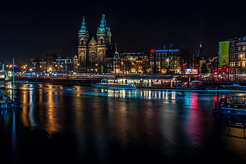 amsterdam, rio, basiliek van de heilige nicolaas, europe, netherlands, night, landscape, lights, church, cathedral, religion