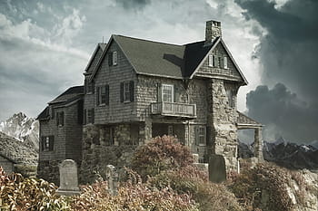 concrete, house grayscale photography, house, cemetery, haunted house, house near the cemetery, dark, horror, gothic, graveyard, haunted