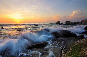 rocks, sea, water, coast, nature, horizon, cloud, sky, sunset, cliff, waves