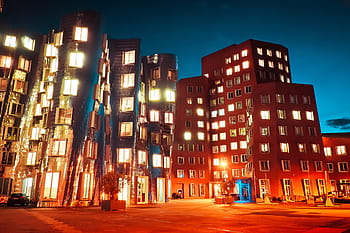city buildings, windows, captured, night, City, buildings, at night, architecture, building, window, urban Scene