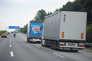 two, box truck, gray, concrete, road, remote traffic, truck, transport of goods, logistics, highway, germany