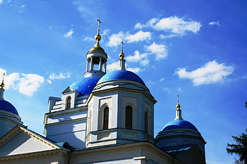 катедрала, църква, църква, сграда, бял, катедрала, църква, сграда, син, куполи, арки, златни кръстове, синьо небе