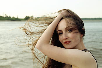 přitažlivý, Krásná, přírodní, žena, dlouho, tekoucí, vlasy, chlupy, Modelka, v, vítr