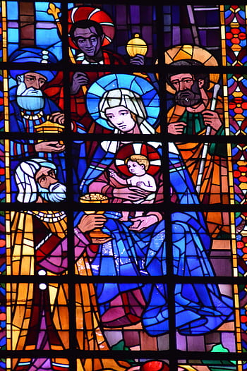 stained glass, window, church, kings, magi, gifts, jesus, baby, mary, joseph, gold