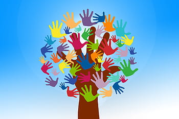 logo mani di colori assortiti, volontari, mani, albero, crescere, volontario, avvolgere, proteggere, protezione, conservare, allungare