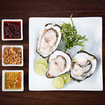 scallops with dips, oyster, thai, food, seafood