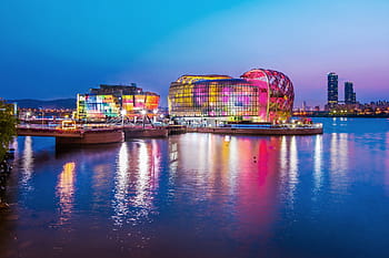 Foto, flugt, nattetid, Korea, seoul, han flod, nat visning, sebit flydende ø, nat sceneri, udflugt, banpo bro