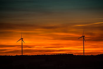silhouette, two, windmills, sunset, setting sun, windräder, abendstimmung, evening sky, afterglow, nature, sky
