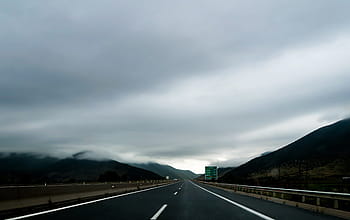 panoramatický, Pohled, silnice, zataženo, nebe, panoramatický výhled, Černá, mraky, šedá, kopců, silnic