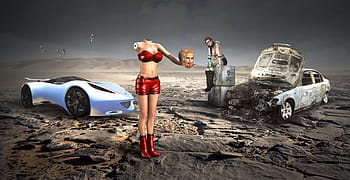 woman, standing, middle, field, surrounded, two, cars background, fantasy, auto, broken, driving unable