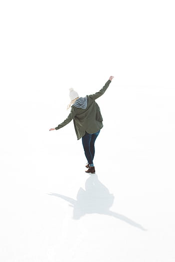 여자, 서 있는, 화이트, 표면, 착용, 녹색, 재킷, 소녀, 뒤로, 눈, 그림자