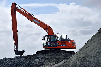 red doosan excavator, backhoe, construction site, heavy equipment, beach sand, dredging, construction, site, excavator, machinery, machine