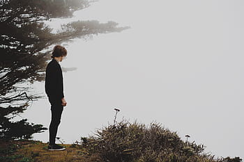 uomo, in piedi, verde, leafed, albero, nero, lungo, maniche, pantaloni, analizzare, cercare, guardare, collina