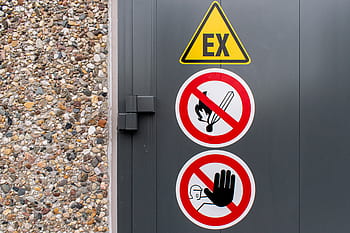 prohibited, prohibition signs, warning signs, steel door, power box, no open fire, unauthorized prohibited, explosion danger, close up, insert, closeup