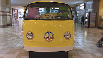 žlutá, volkswagen van jízda na hračky, uvnitř, sál, retro, auto, přeprava, provoz, silnice, staré auto, doprava