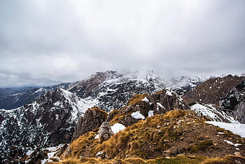 mountains, white, sky, mountain, ranges, covered, snow, foggy, day, peaks, summit