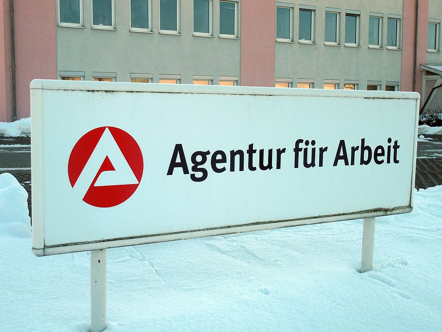 agentur fur arbeit signage, building, winter, shield, employment office, work, unemployed, unemployment, termination, looking for a job, employment agencies