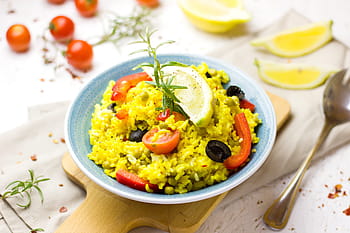 cooked, rice, slice egg, tomato, Paella, Fry Up, Saffron, Spain, Eat, pan, tasty