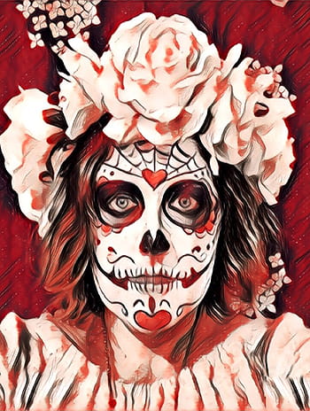 portret frida kahlo, dzień śmierci, szkielet, czaszka cukrowa, halloween, kwiaty, czerwony, śmierć, farba do twarzy, kobieta, biały