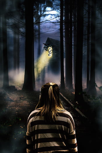 woman, beige, brown, srtiped sweater, standing, inside, woods, night time, sweater, alone, haunted