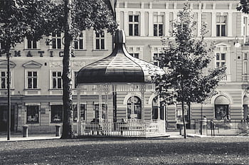 gazebo, city, town, village, people, buildings, architecture, windows, black and white
