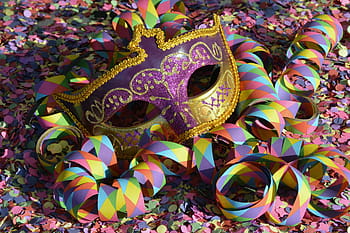 purple, gold masquerade mask, mask, carnival, confetti, streamer, colorful, venice, mysterious, close, romance