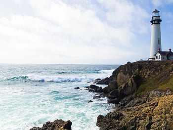 nature, landscape, coast, cliff, rocks, house, cabin, lighthouse, water, ocean, sea