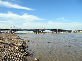 mississippi, river, riverbank, levee, bridge, driftwood, float, muddy, water, flood, saint louis