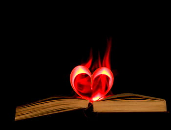 heart 3, 3d, led, lamp, book page, book, flame, heart, red, black background, close-up