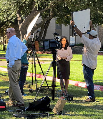 woman, standing, green, leafed, tree, Television News, News Reporting, Crew, television news reporting, news, camera