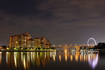 panorama města, v noci, město, panoráma, noc, odraz, svítí, panoráma města, městské panorama, architektura, voda