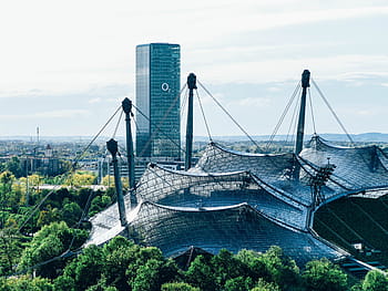 o2, munich, o2 tower, architecture, glass facade, discs, office building, facade, metal, office tower, olympic park