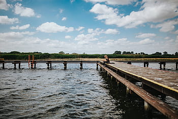 blondýnka, žena, dřevěný, molo, jezero, Krásná, dřevěné molo, u jezera, ženský, dívka, voda