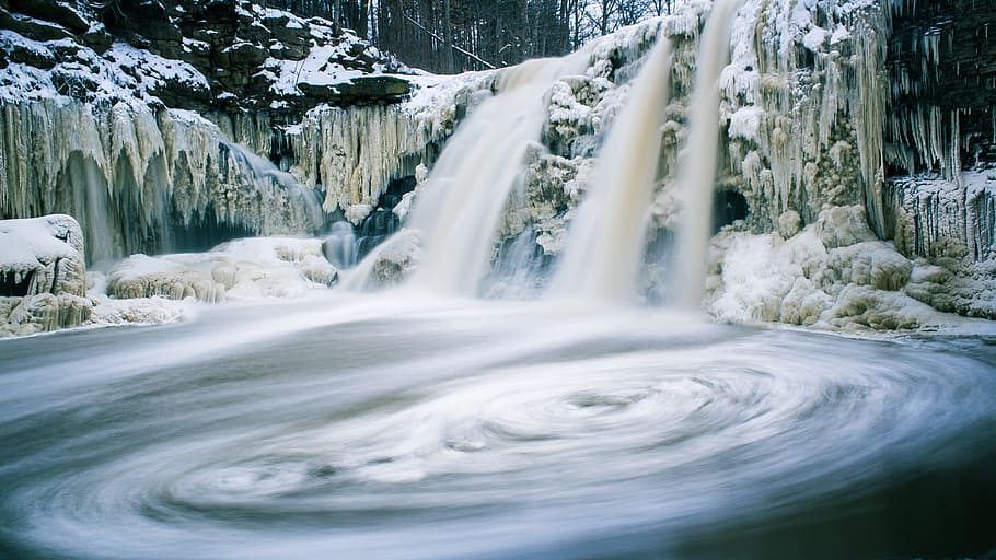 time lapse photography, waterfalls, cold, frost, motion, nature, river, rocks, snow, time-lapse, water