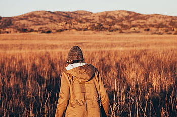 person, walking, rice field, brown, hoodie, grass, field, daytime, people, back, jacket