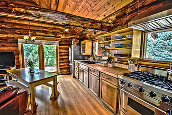 rectangular, brown, wooden, table, hdr, logs, log home, log cabin, kitchen, wood, country