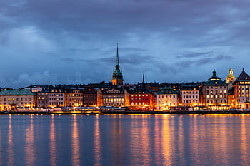 tyska kyrka, Stockholmu, útočiště, noc, světla, gamla stan, skeppsbron, dlouhé expozice, panoráma města