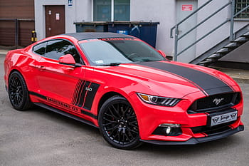 Červené, Černá, brod, mustang, gt, 5.0, kupé, zaparkováno, šedá, budova, usa