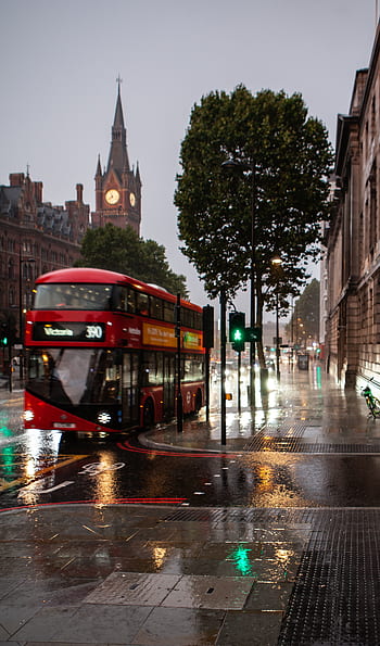 st pancras hotel in the rain, st pancras hotel, london, rain, red bus, st pancras, city, architecture, england, urban, cloudy