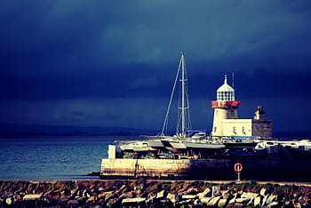 lighthouse, surrounded, boats, near, body, water, coast, rocks, ocean, sea, Howth