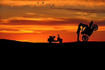 man, riding, motorcycle, kissing, girl silhouette, couple, stoppie, sportbike, moped, sunset, silhouette