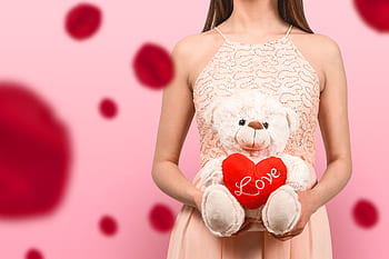 young, girl, dress, holding, teddy, bear, heart, love., Pink, background., Blured