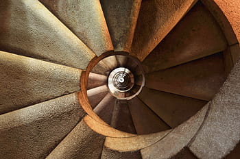 fotografie, hnědý, točité schodiště, schodiště, spirála, architektura, interiér, budova, kroky, struktura, kámen
